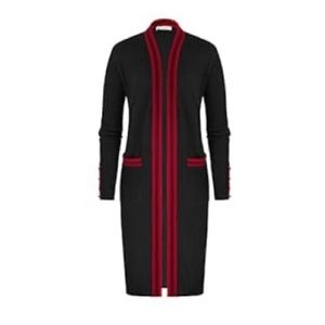 Grace Karin long cardigan sweater black and red with gold buttons size large.